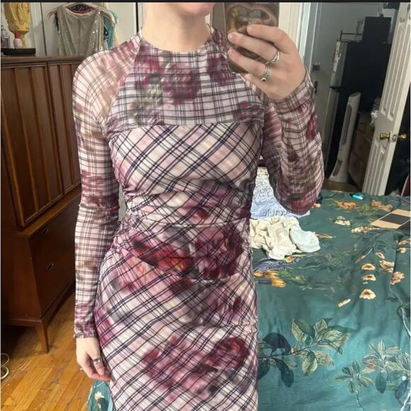 Amur Pink Plaid Sheath Midi Dress SIZE 6 Mesh Work Preppy Ruched Designer $500 - Picture 5 of 13